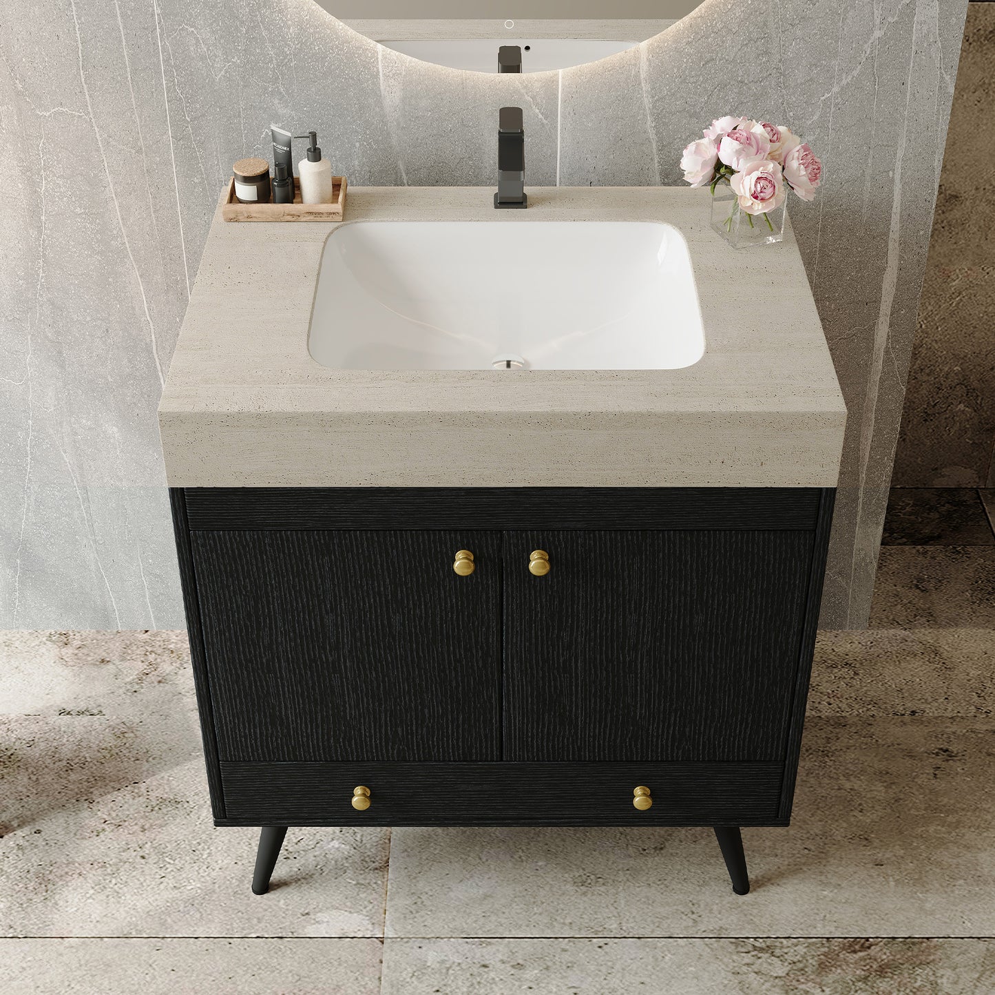 Contemporary Free-standing Bathroom Vanity with Faux Marble Top, 30" Ceramic Sink & Double Door Storage Cabinet