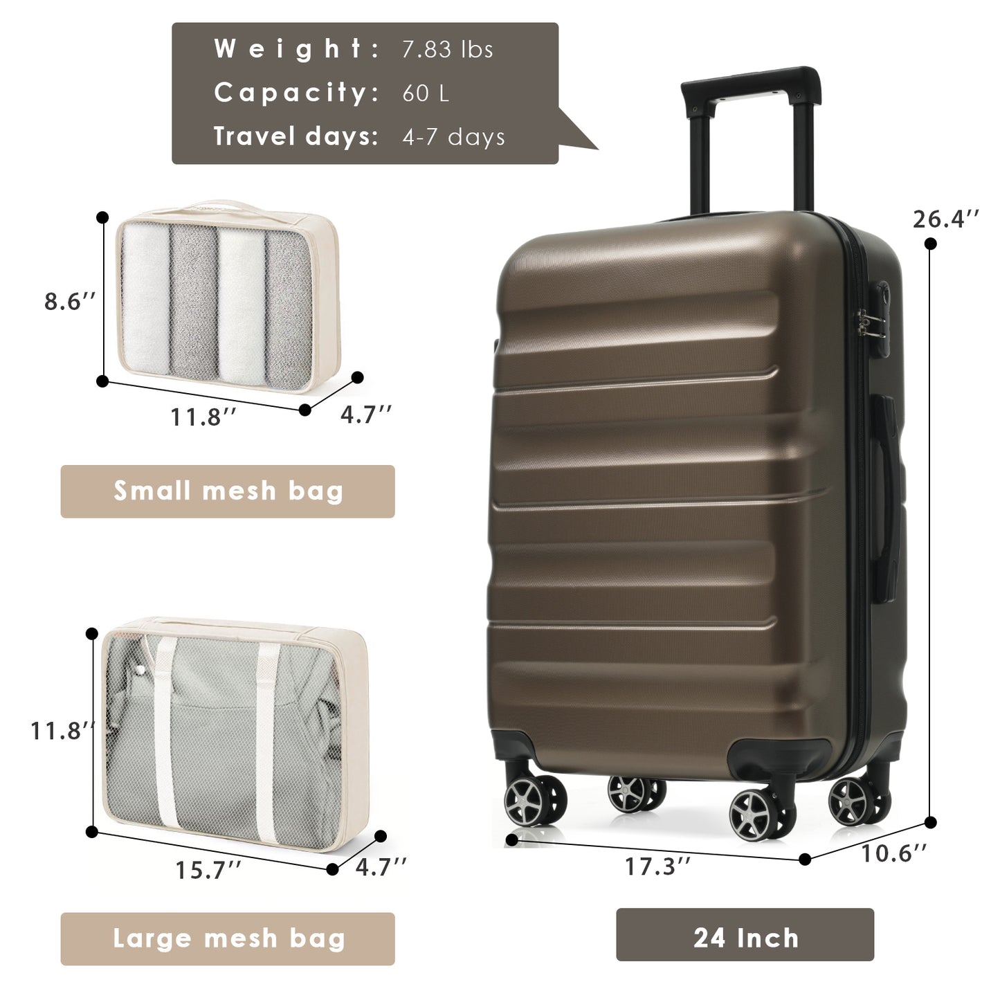 24-Inch Hardshell ABS Luggage Set with Spinner Wheels & 2 Packing Cubes - Brown