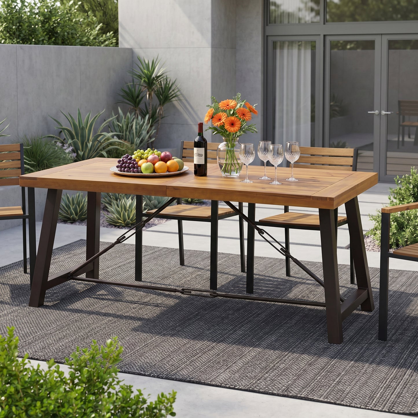 Outdoor Acacia Wood Dining Table with Metal Base - Teak
