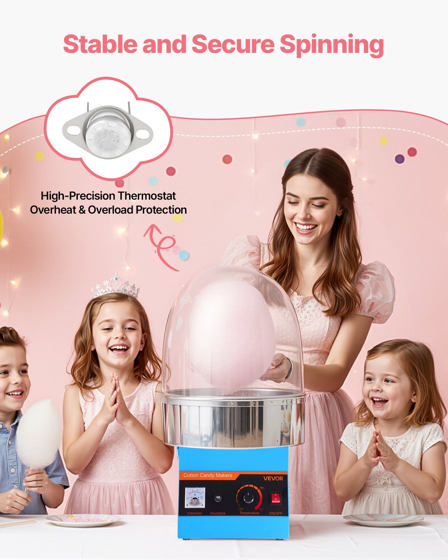 Electric Cotton Candy Machine 1000W Commercial Floss Maker with Cover & Stainless Steel Bowl