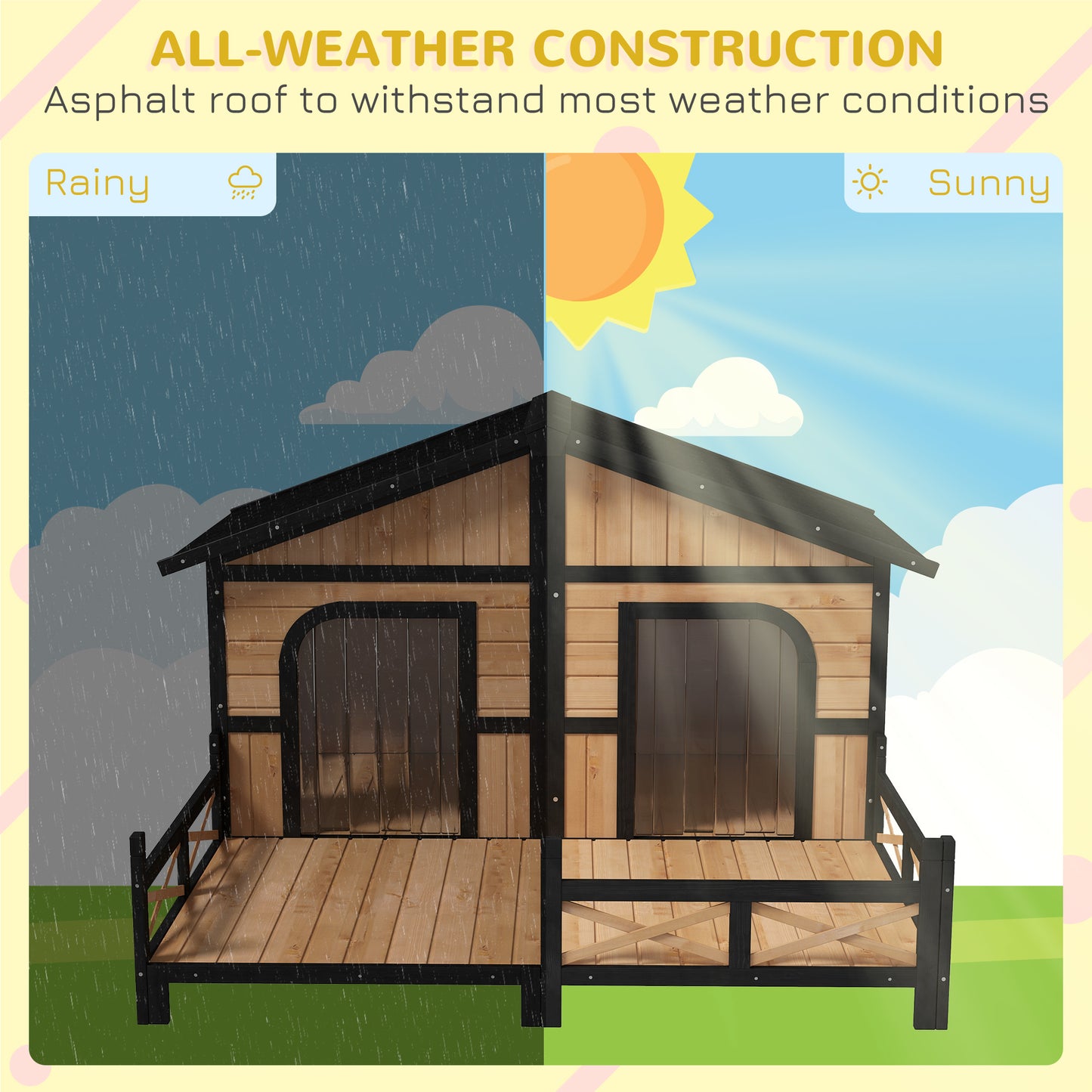Large Wooden Dog House - Raised Weatherproof Rustic Log Cabin Style Pet Shelter