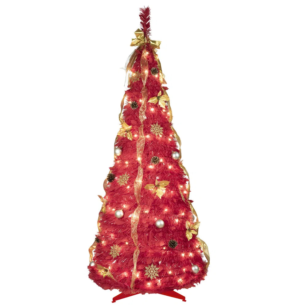 6ft Red Pop-Up Christmas Tree with 150 Lights & Decorations
