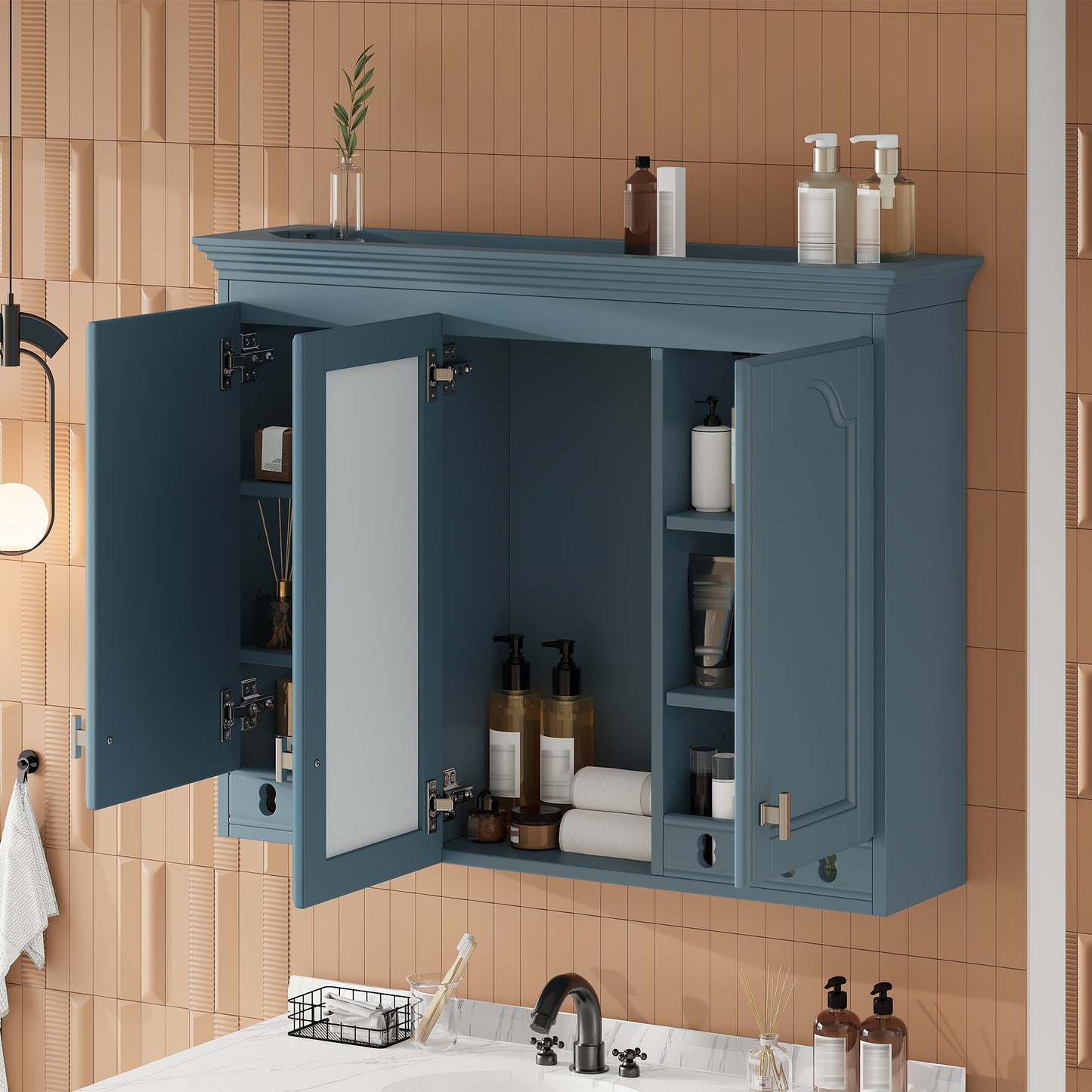 35 Inch Wall-Mount All-in-One Mirror Cabinet With Adjustable Shelves,