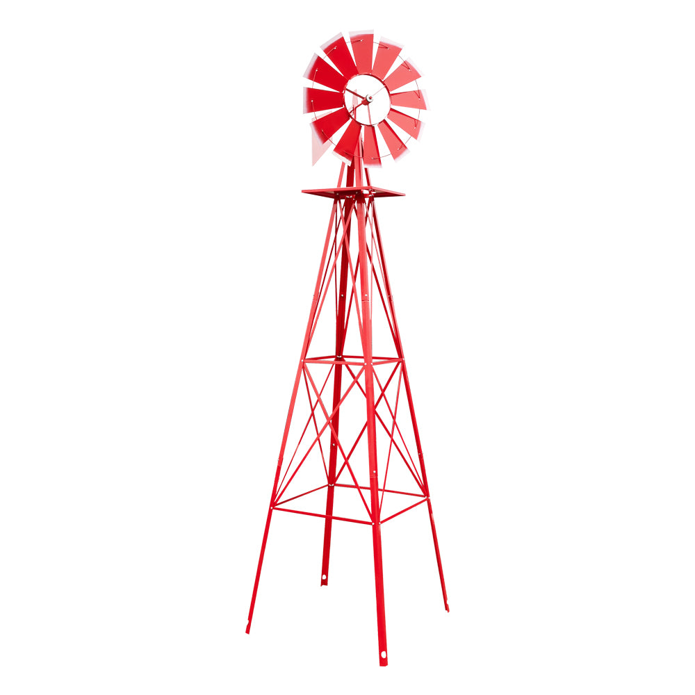 8FT Weather Resistant Garden Windmill with Steel Frame - Red Decorative Windmill for Lawn & Yard