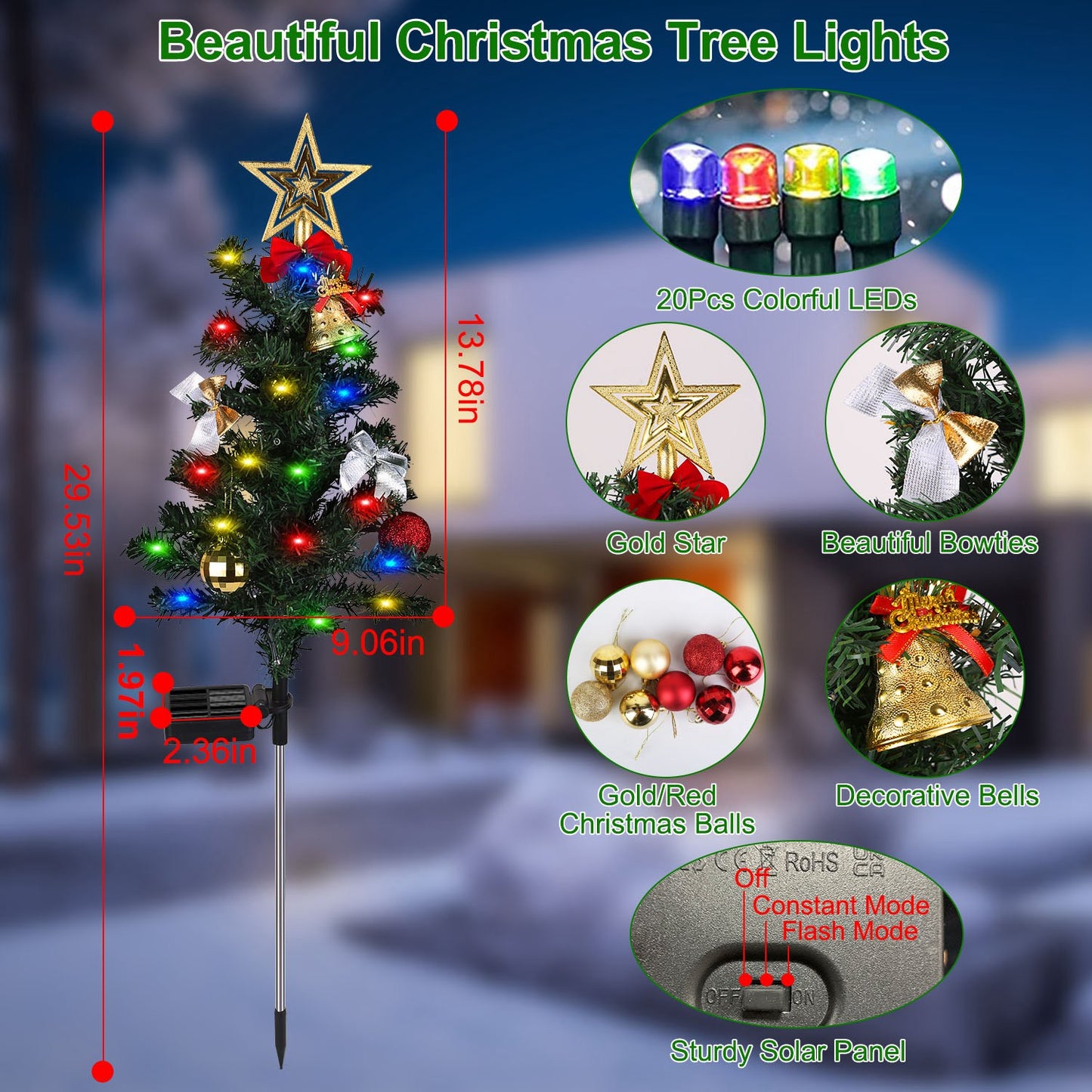 Solar Christmas Tree Lights - 4 Pack 20 LEDs Garden Decoration