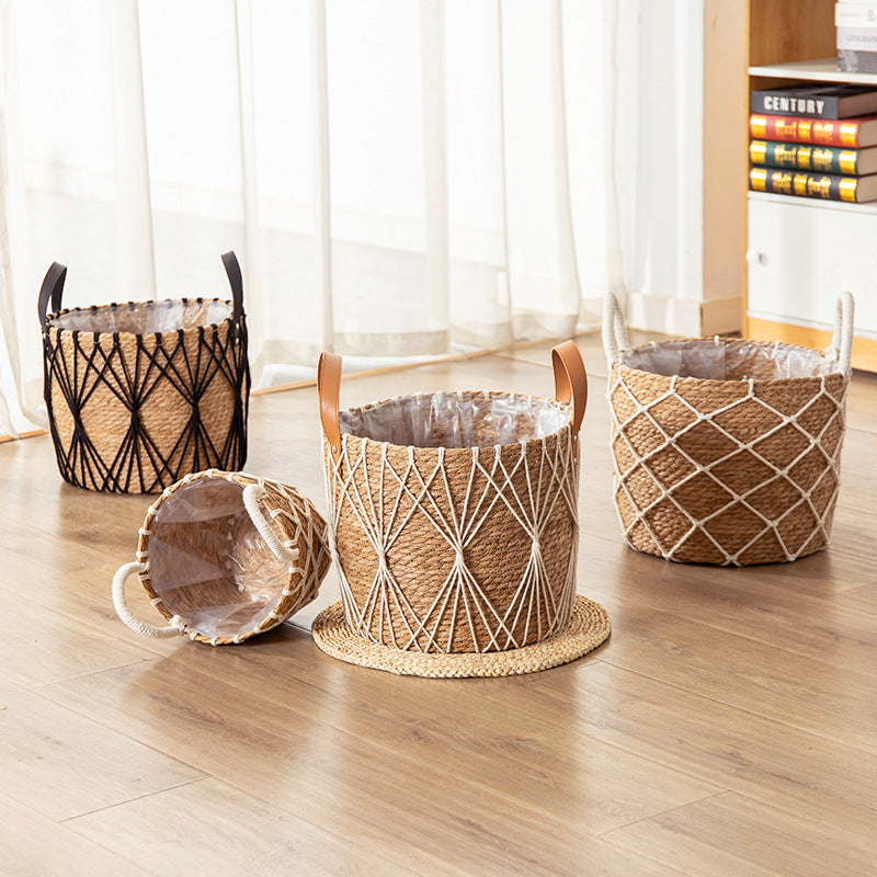 Floor-standing Flower Basket with Woven Straw Design - Garden & Home Decor