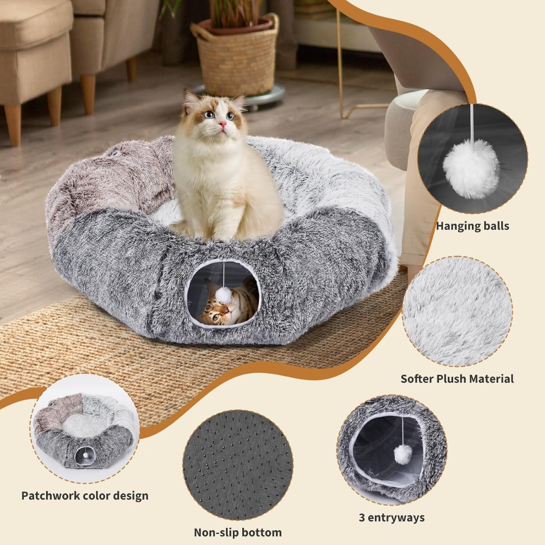 Large Cat Tunnel Bed with Toys - Cozy Plush Play Cave for Indoor Cats
