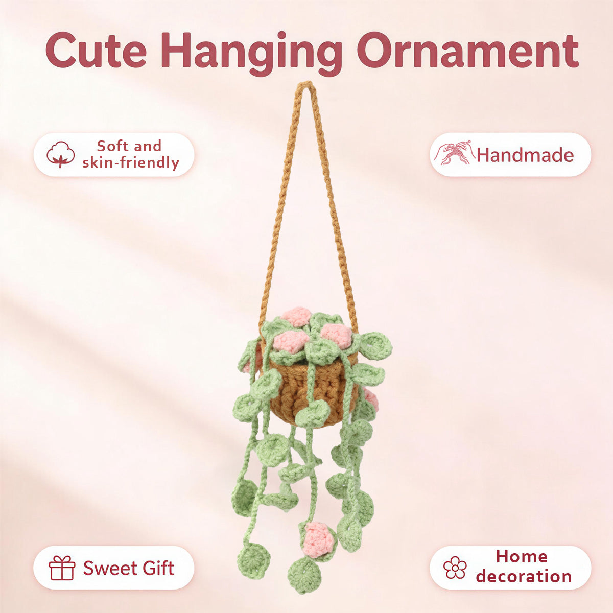 Handmade Crochet Hanging Plant Decor with Pink Flowers and Green Vines - Indoor Wall Art