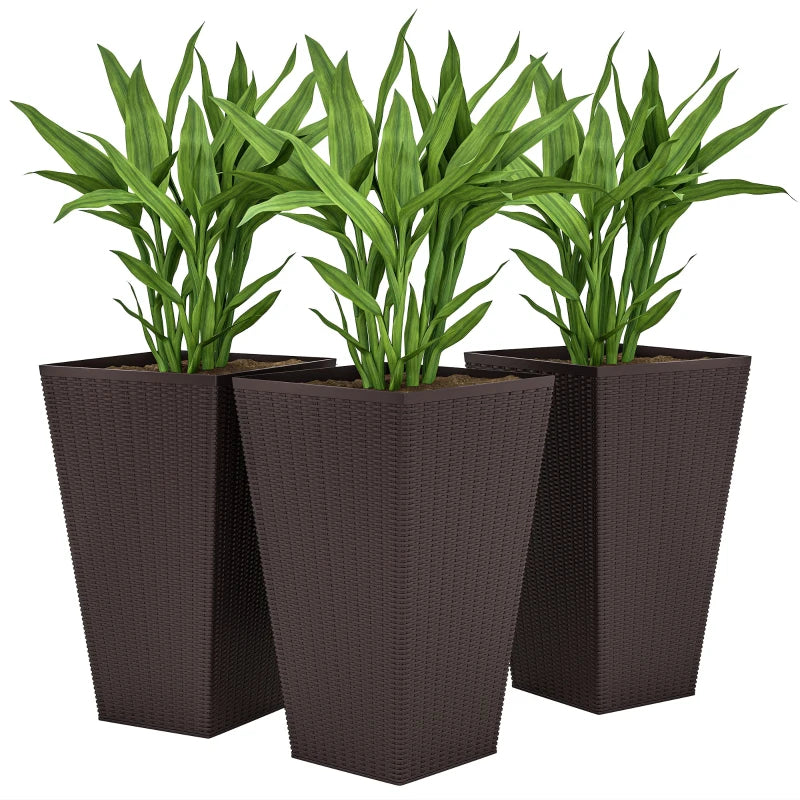 Set of 3 Tall Outdoor & Indoor Planters with Drainage Holes - Brown