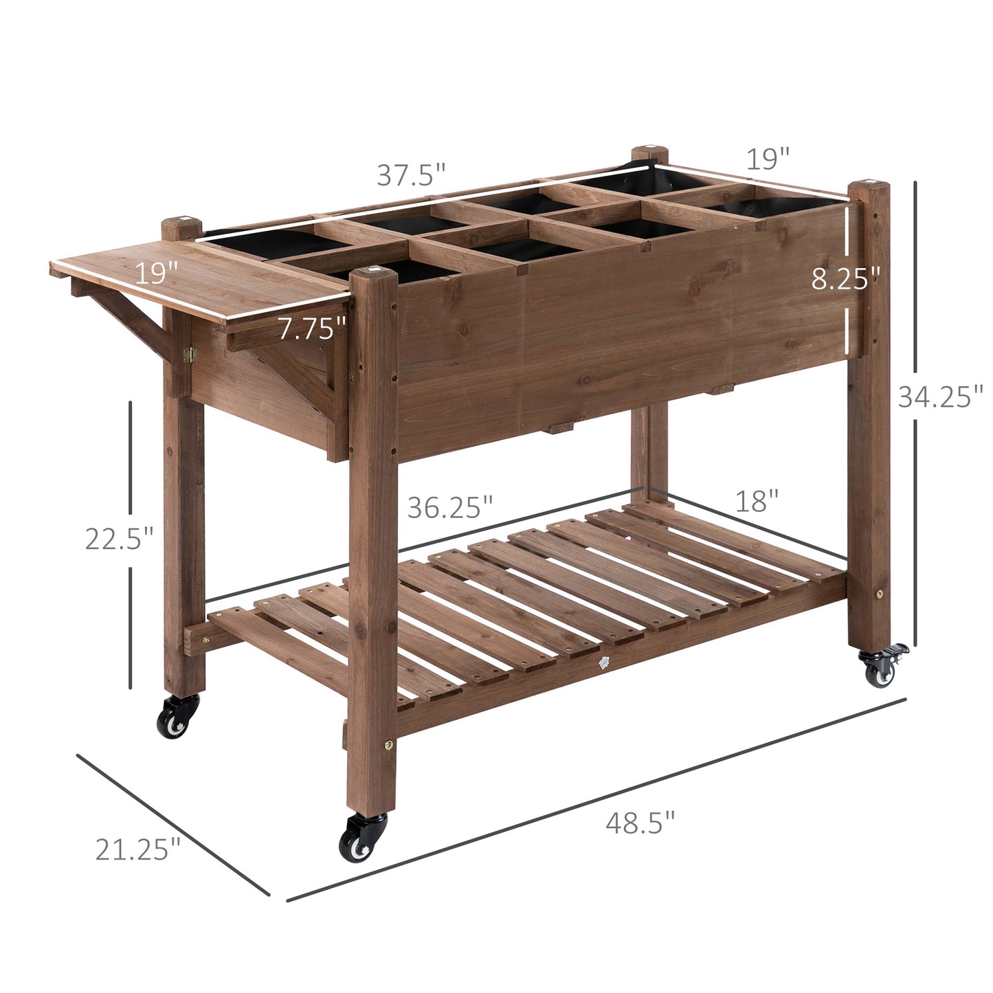 Wooden Garden Bed with Wheels, Foldable Side Clapboard, Self-Draining Design