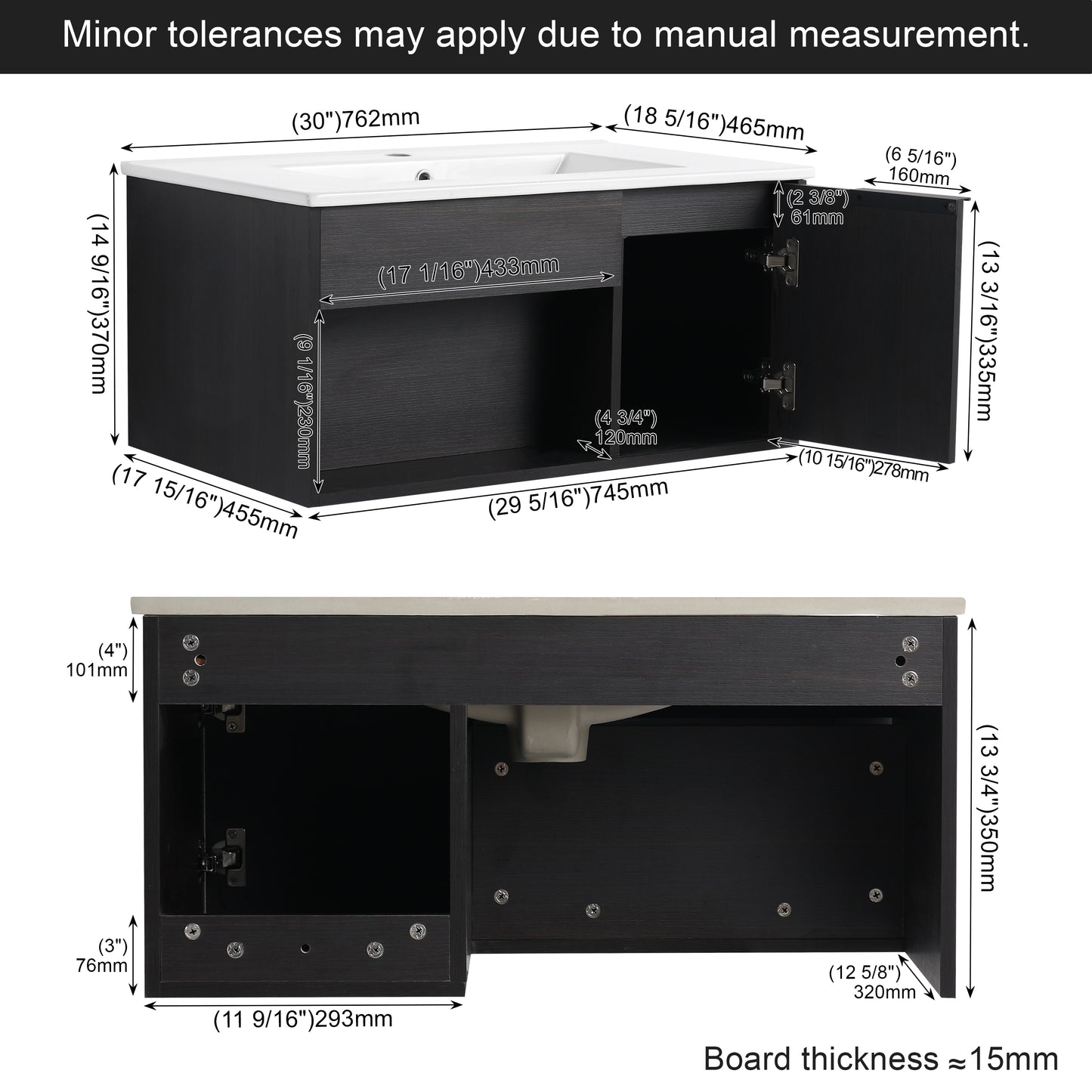 30-Inch Wall-Mounted Bathroom Vanity with Ceramic Sink - Dark Oak
