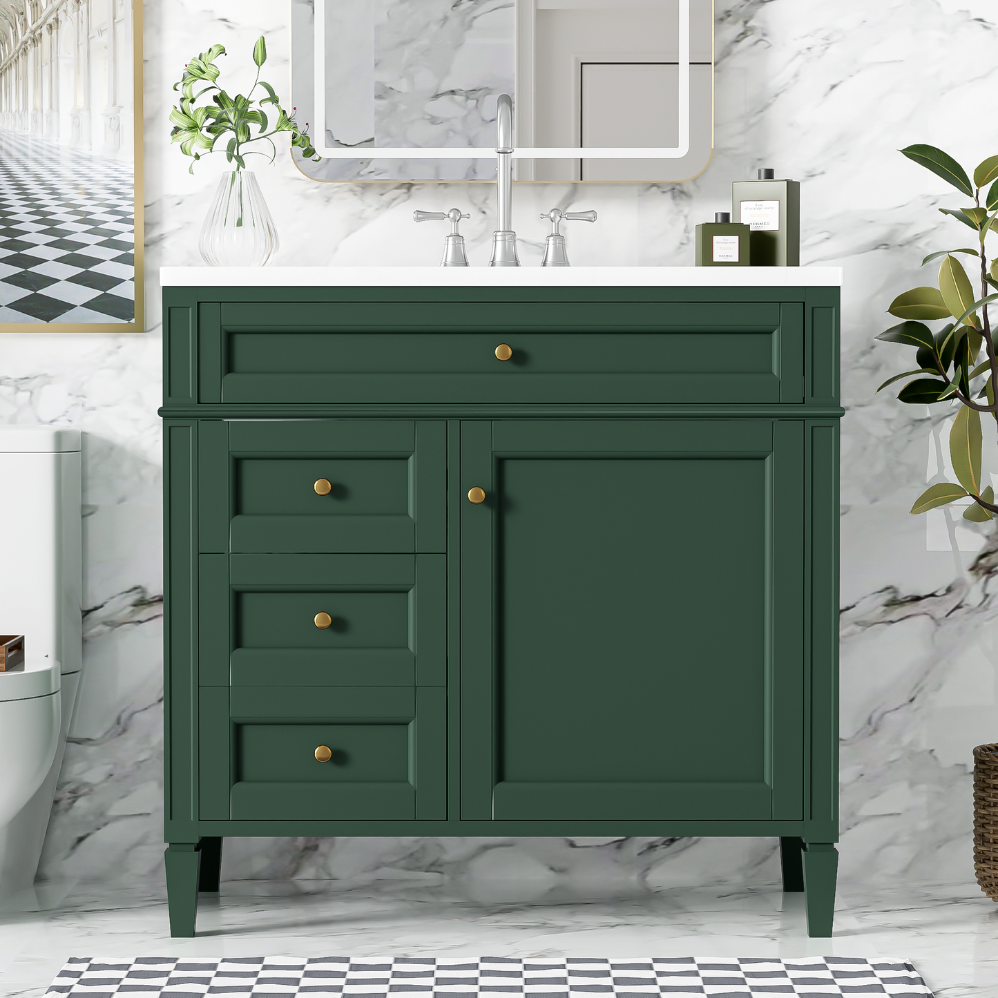 36'' Modern Bathroom Vanity with Sink & 3 Drawers - Garnet/Green