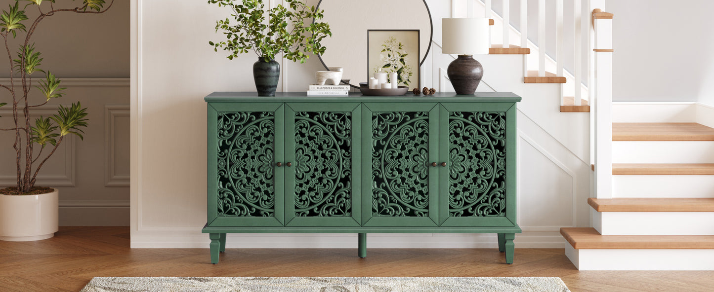 60" Antique Buffet Cabinet with Floral Carvings & Brass Handles - Antique Green