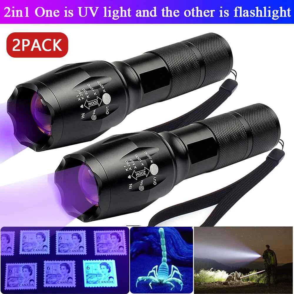 UV Flashlight LED Torch - Zoomable Dual Light Detector