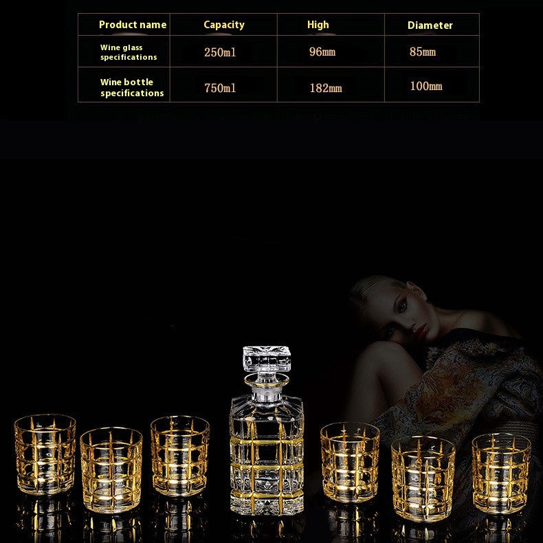 Crystal Glass Whiskey and Wine Set - Creative Gold Finish, 7-Piece Home Barware