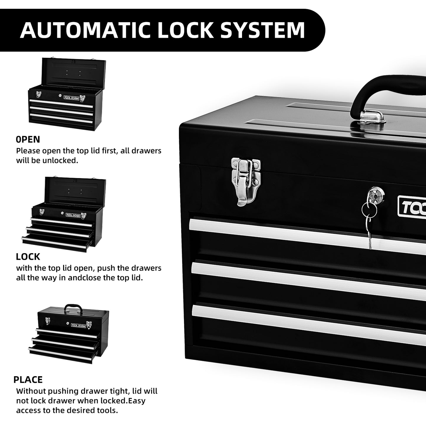 20.3-Inch Metal Tool Box with Drawers, Lockable Steel Chest for Garage and Workshop