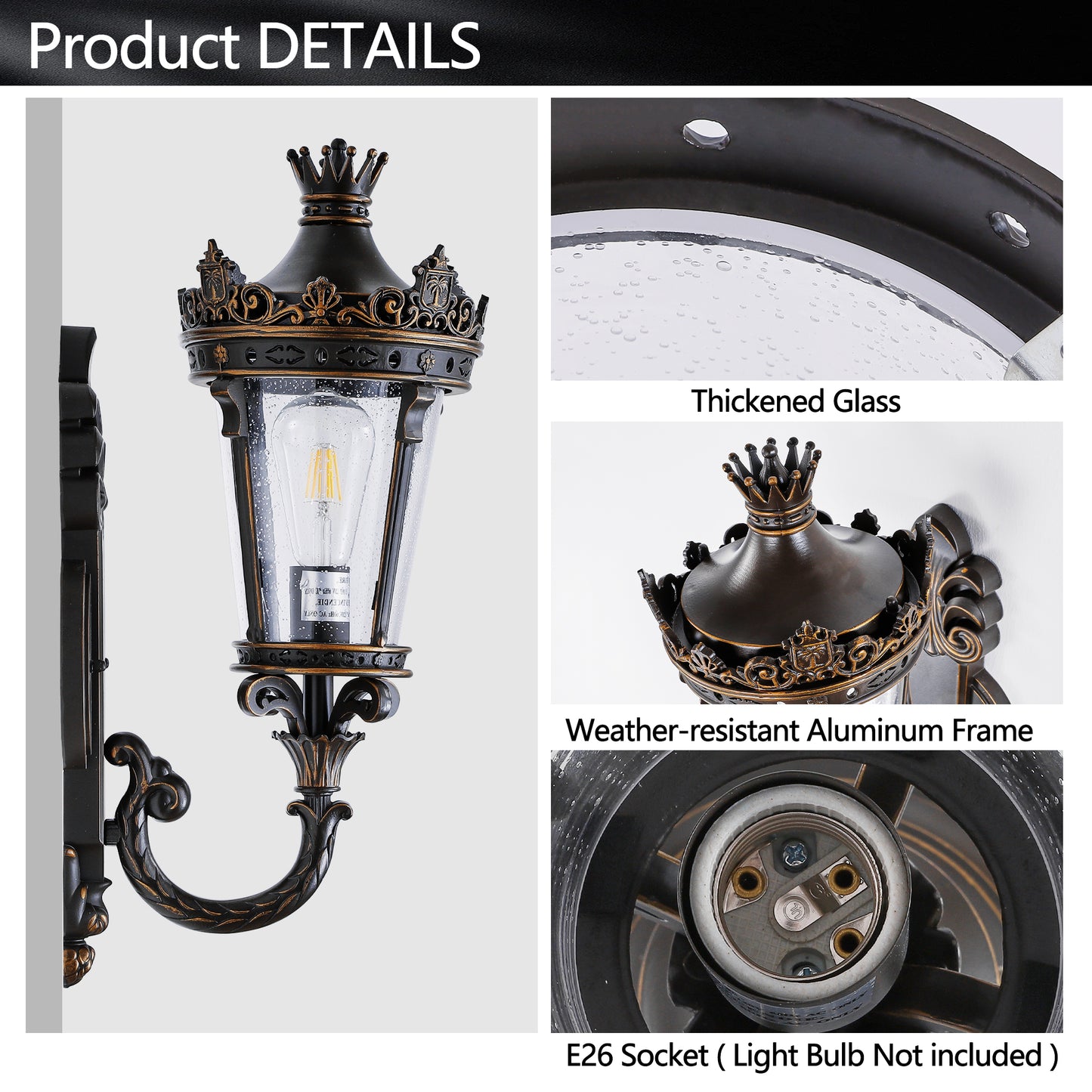 Vintage Outdoor Wall Lantern - Waterproof Exterior Sconce with Glass & Crown Top