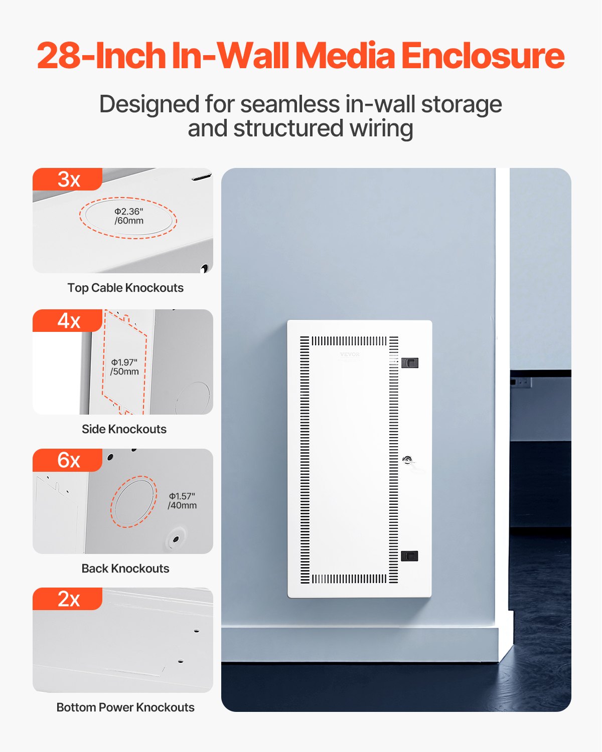 28-Inch Wall-Mounted Media Enclosure with Vented Door and Cable Management - White