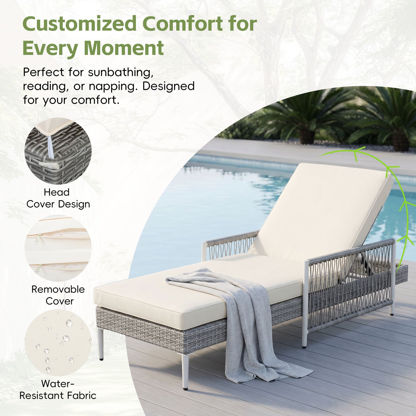 Outdoor PE Rattan Chaise Lounge Chair with Adjustable Recliner - Grey
