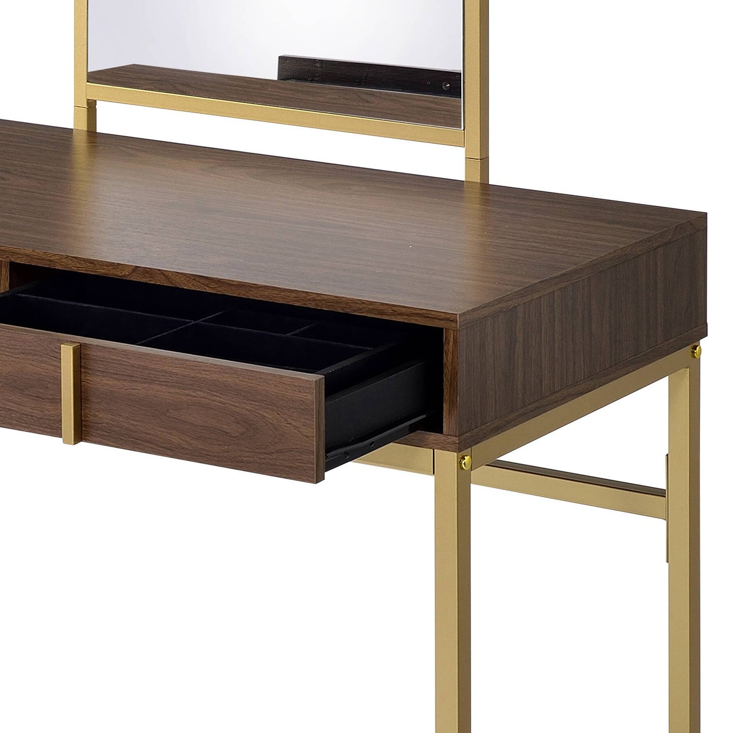 Walnut & Gold Finish Vanity Desk with Mirror & Jewelry Tray