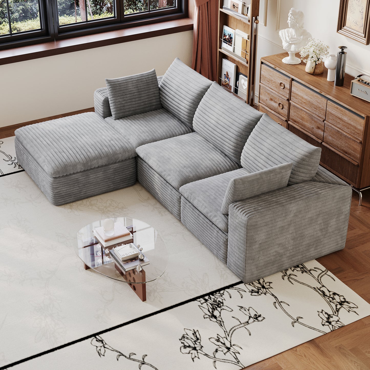 102" Cloud Sofa - Corduroy Fabric, Deep Seat, Removable Cushion, Grey