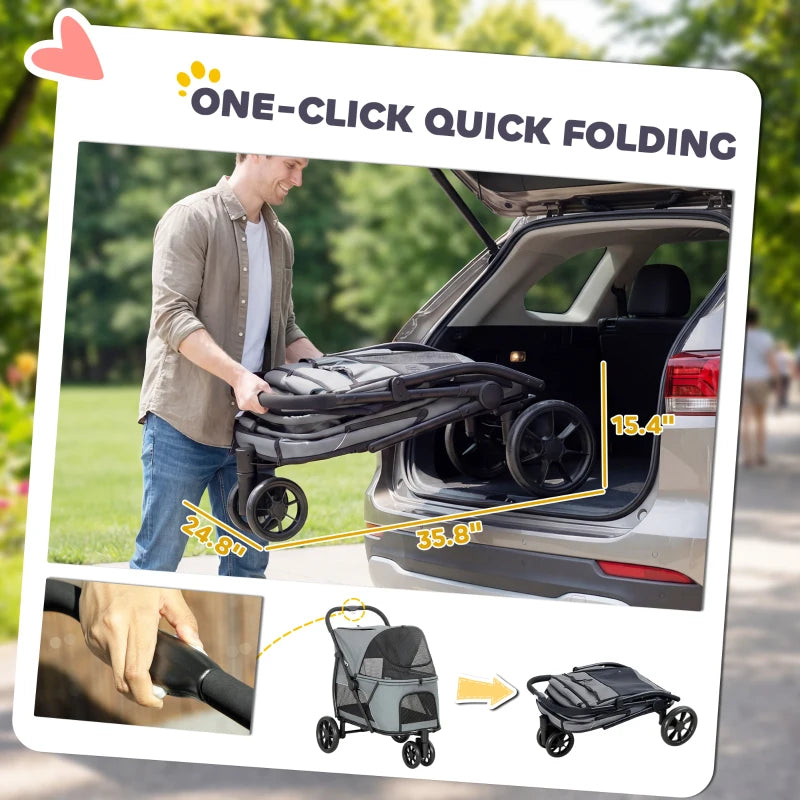 Pet Stroller for Medium Dogs - 3 Wheel Folding Canopy Mesh Window Gray