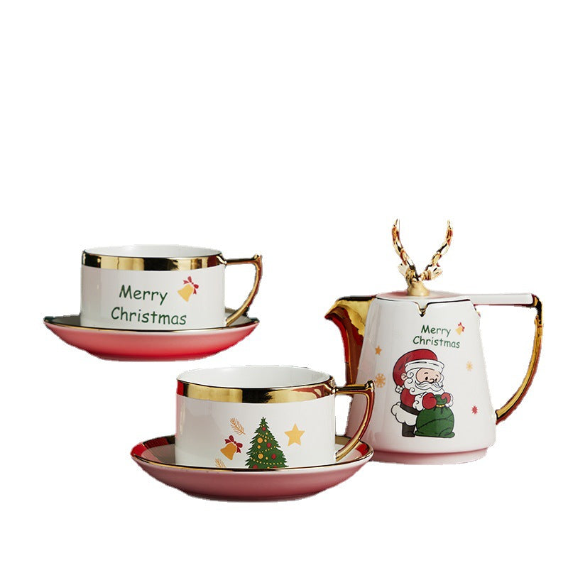 Ceramic Teapot Set with Cups and Plates - Christmas Elk Design, Portable & High-Temperature Resistant