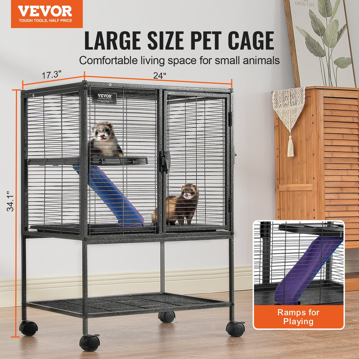 Small Animal Cage 2-Tier Rolling Ferret Enclosure with Tray and Ramp - Black