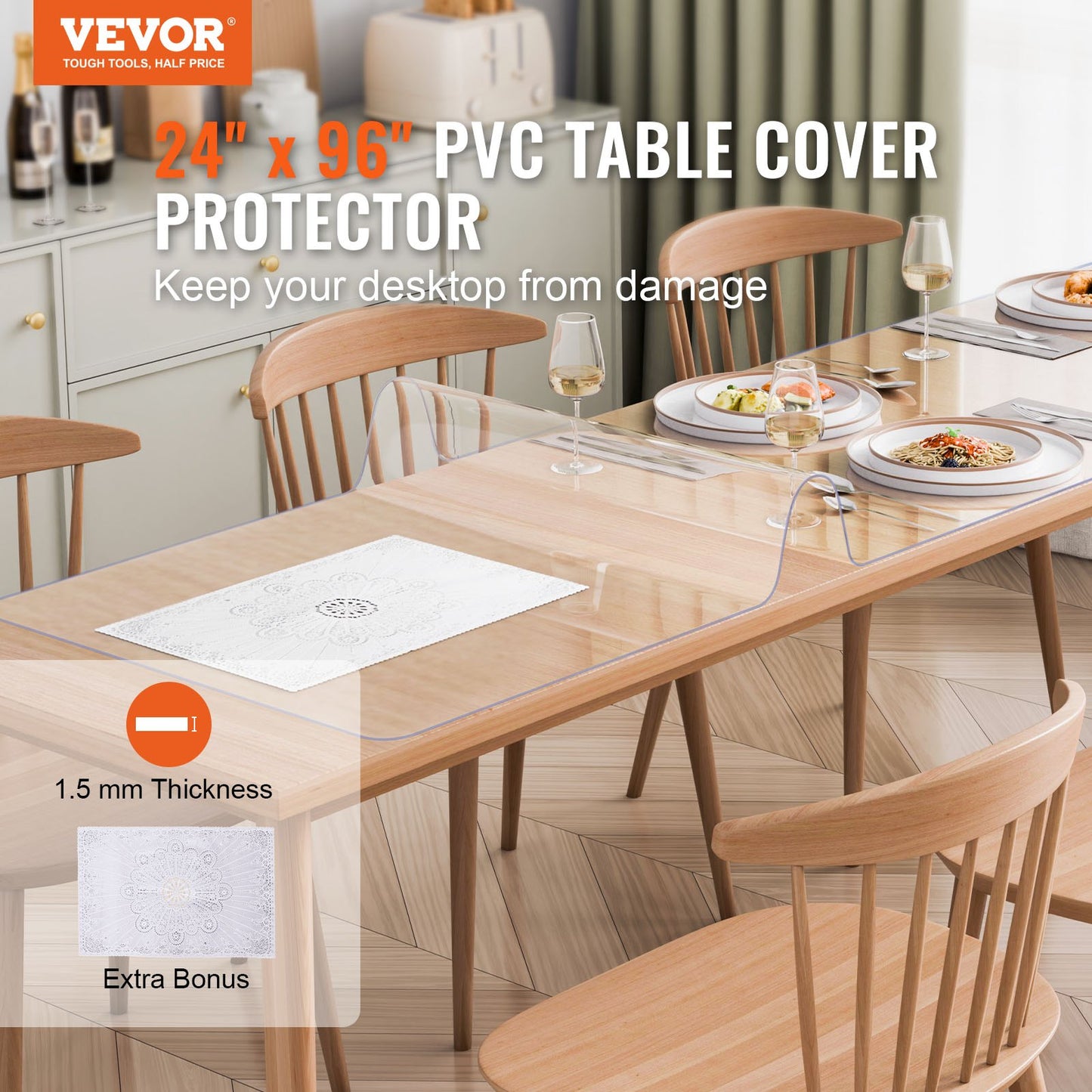 PVC Table Protector - 24x96 Inch Clear Plastic Cover, 1.5mm Thick