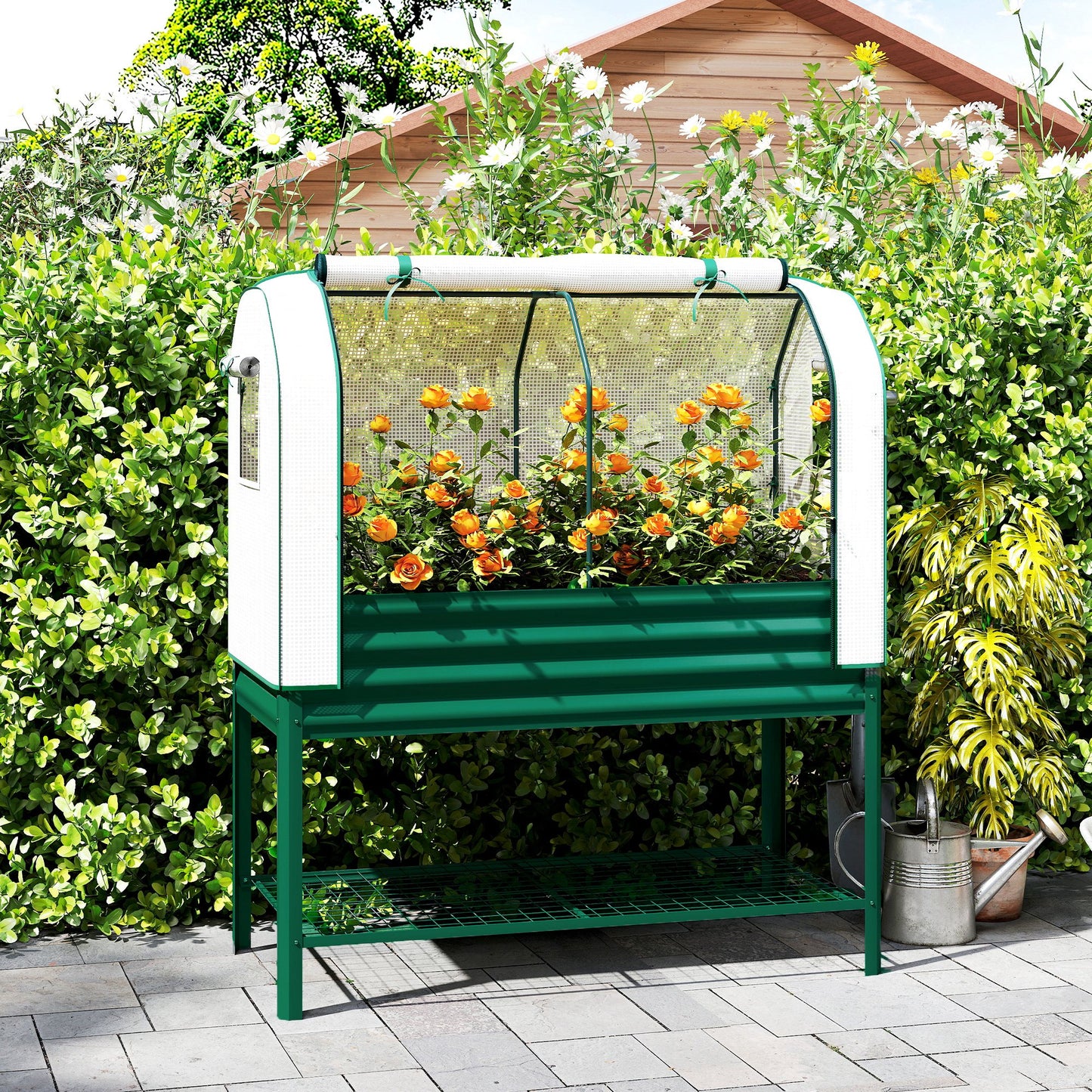 Galvanised Raised Garden Bed with Greenhouse Cover & Bottom Shelf - 1330x370x120mm