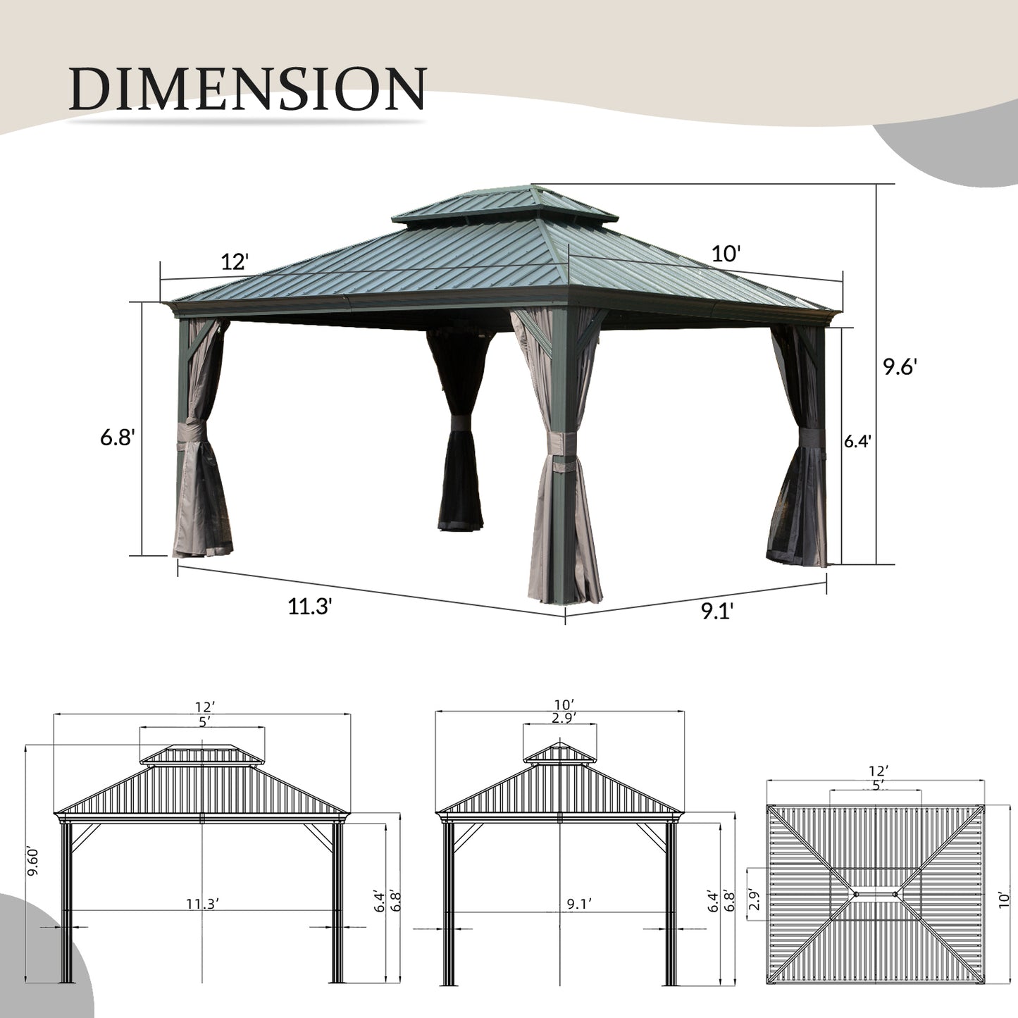 10 X 12 Hardtop Gazebo Outdoor Metal With Galvanized Steel Double