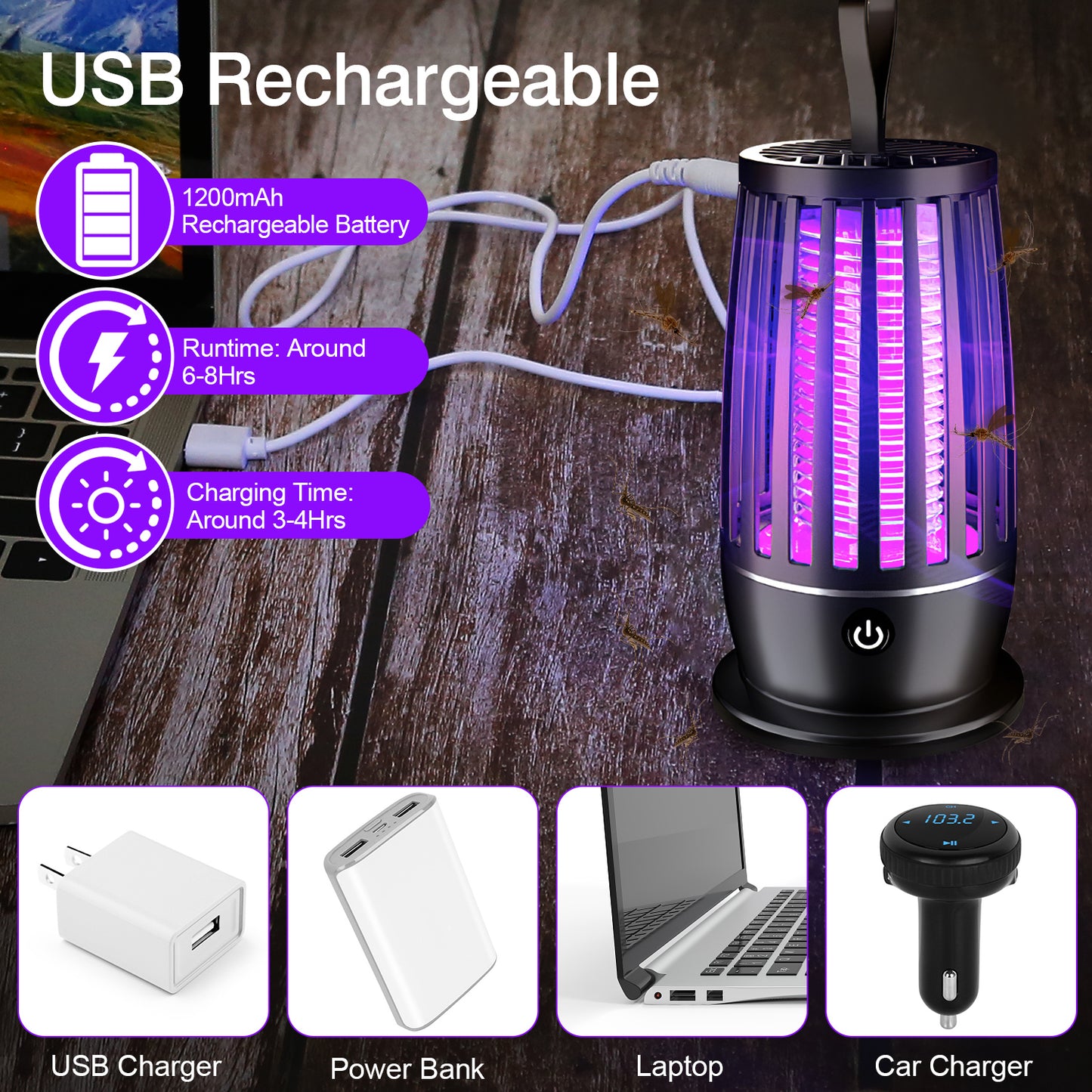 Rechargeable Mosquito Killer Lamp with Night Light and UV Trap for Indoor Outdoor Use