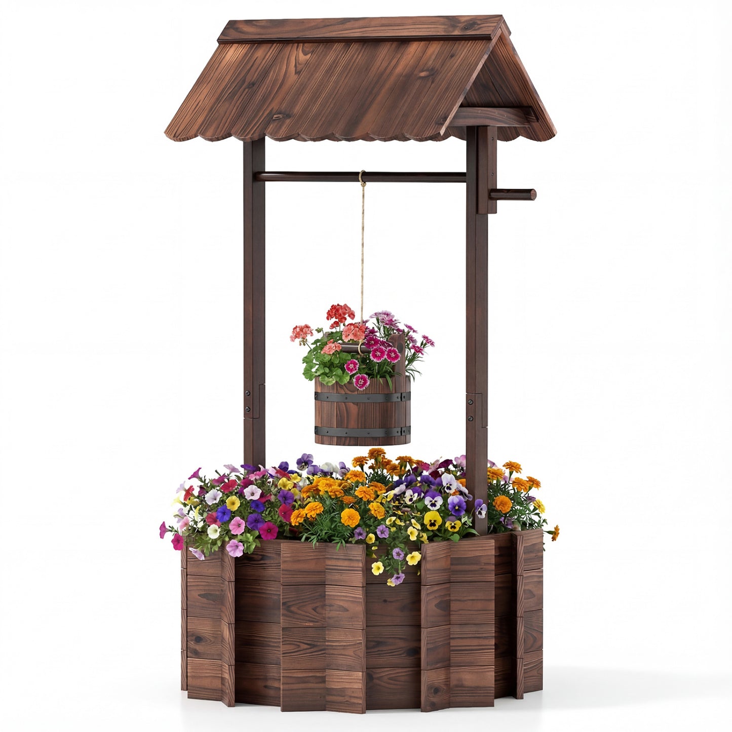 Outdoor Wooden Wishing Well Planter with Hanging Bucket