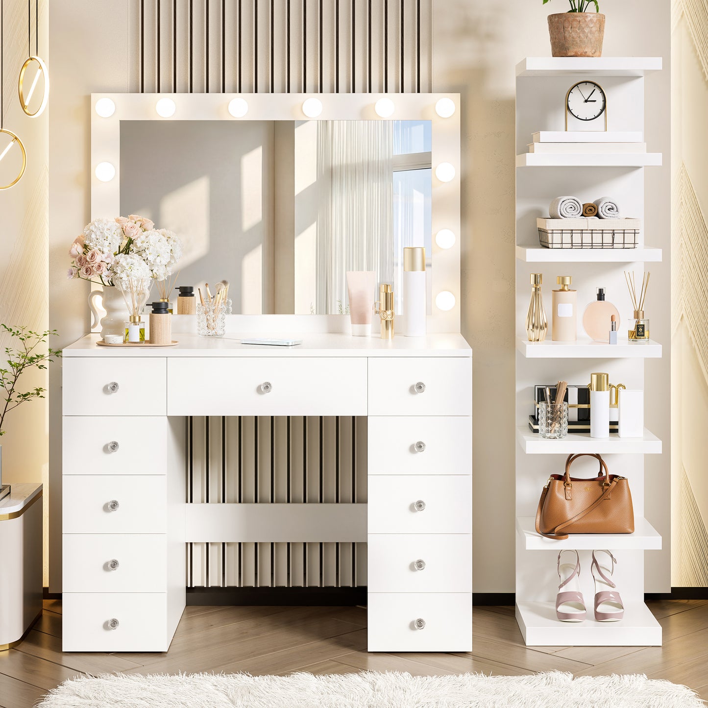 Vanity Desk With 11 Hollywood Bulbs & 7-Tier Storage Shelves , Makeup