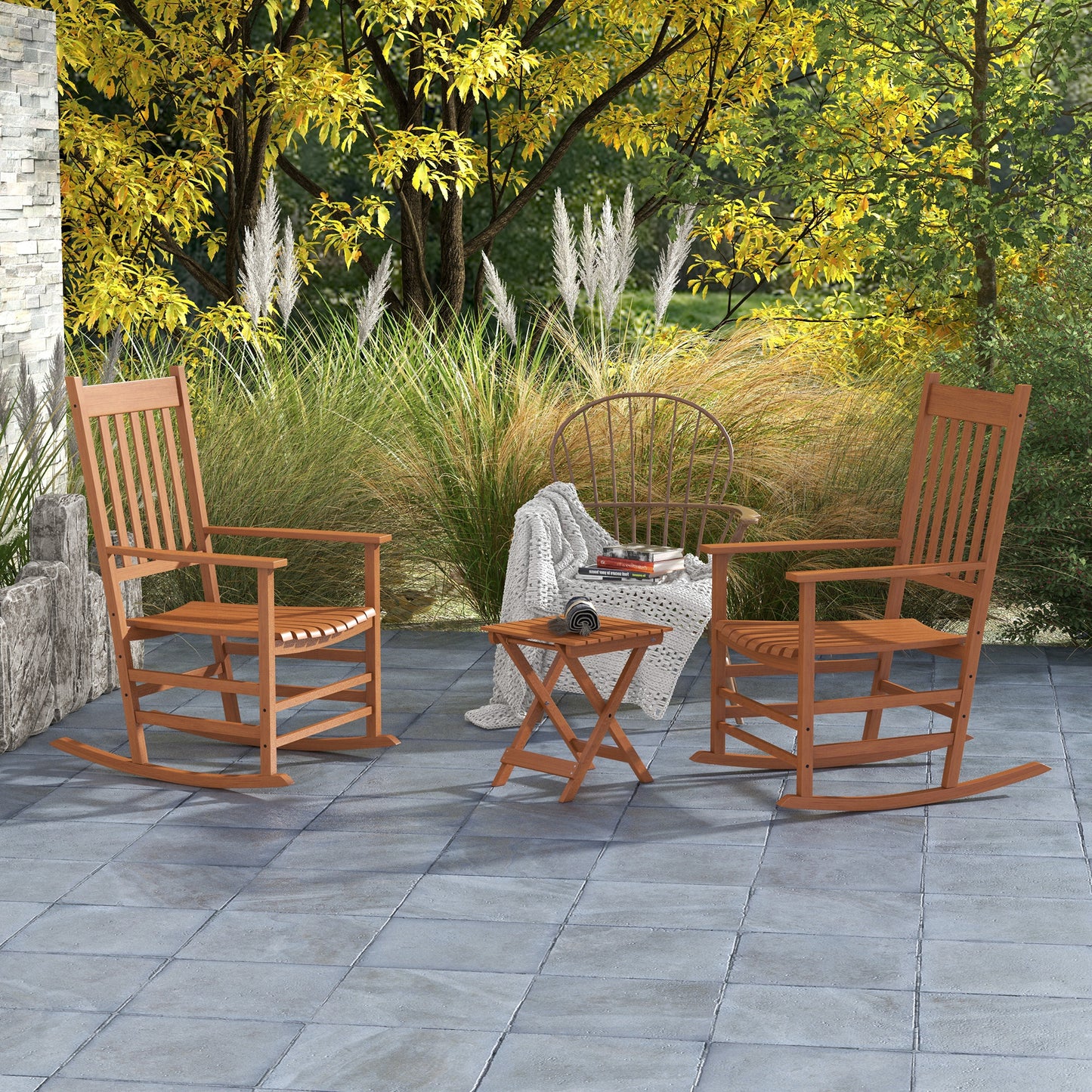 Wooden Rocking Chair Set with Side Table - Teak Finish