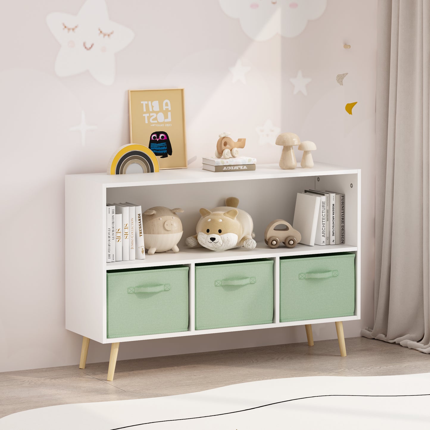 Kids Bookcase with Collapsible Fabric Drawers - White & Green