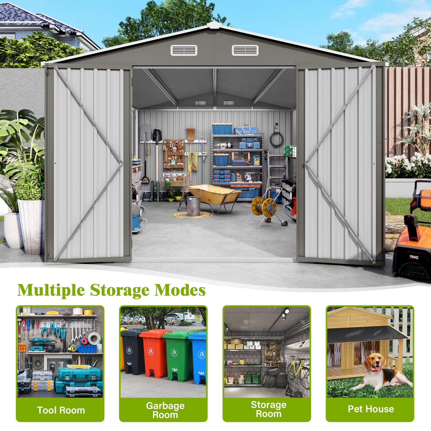 10x14 FT Outdoor Metal Storage Shed, Durable Garden Shed With Three