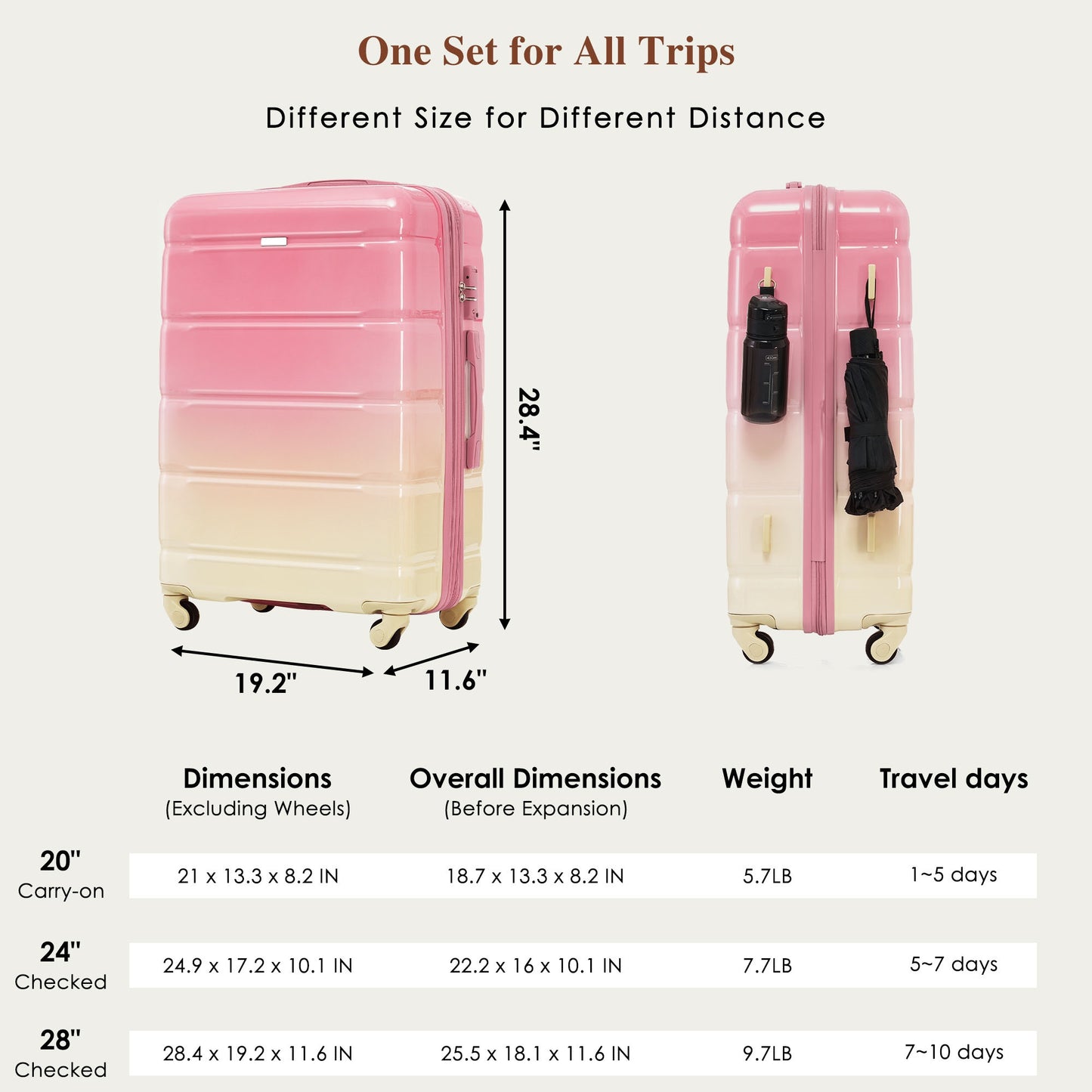 20-Inch Hard Shell Luggage Set with USB Port - Pink