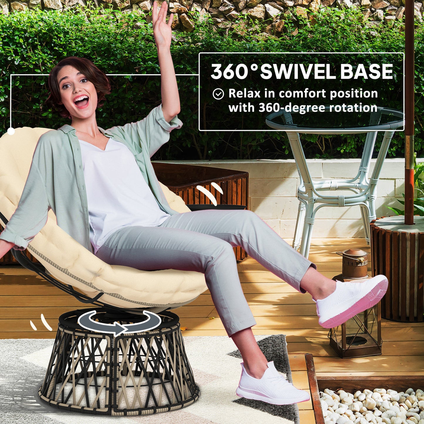 360° Swivel Papasan Chair with Side Tray - Beige