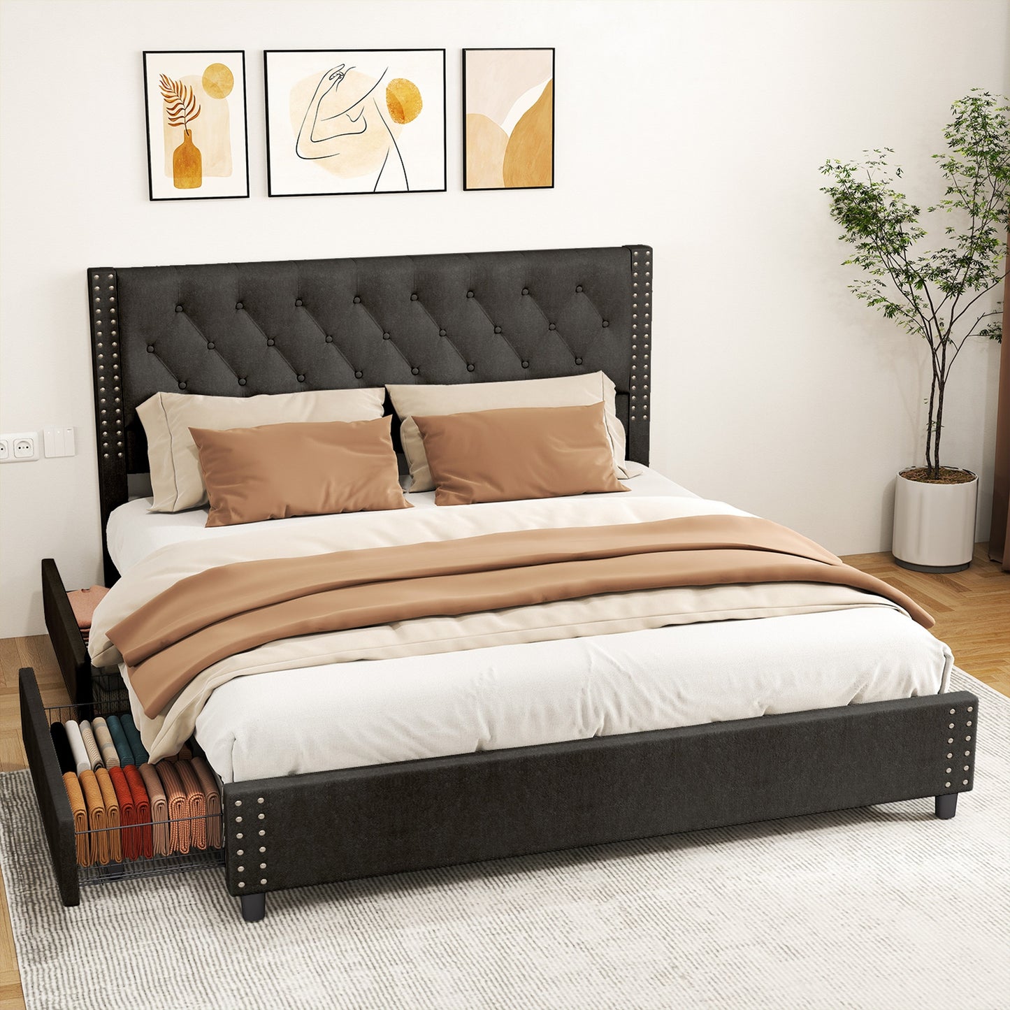 King Size Upholstered Bed Frame with Storage Drawers - Velvet Headboard