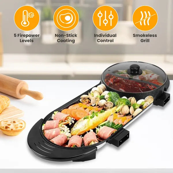 2-in-1 Electric Hot Pot & Grill Combo - 2200W Non-Stick Cooker