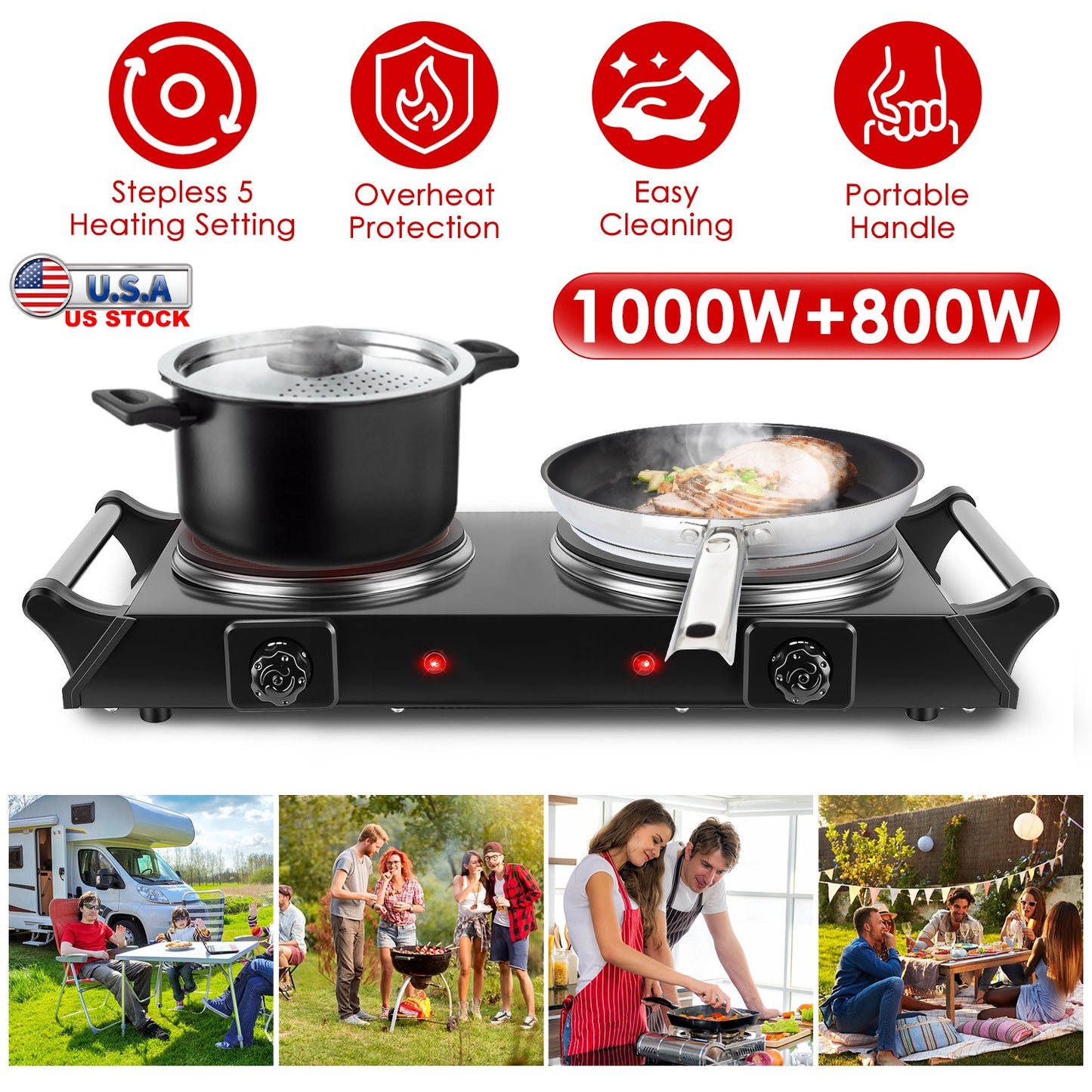 1800W Double Hot Plate Stove with Stepless Temperature Control, Portable Handles