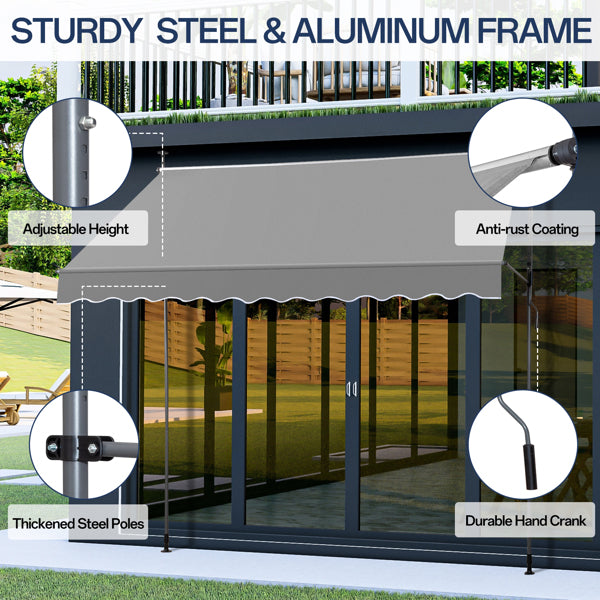 Retractable Patio Awning - Grey Sun Shade Shelter with Adjustable Frame