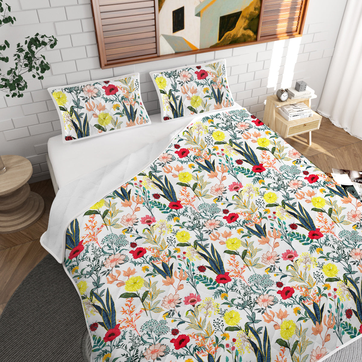 Floral Microfiber Quilt Set - Lightweight Bedspread & Pillow Shams