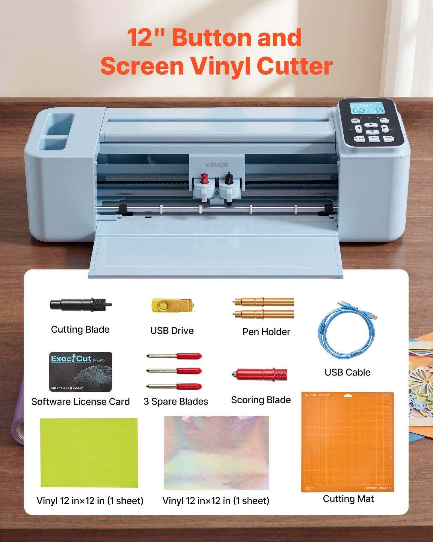 Vinyl Cutting Machine 12 Inch for Crafts and Custom Projects - Button & Screen Control, Supports Mac Windows Android iOS, Black