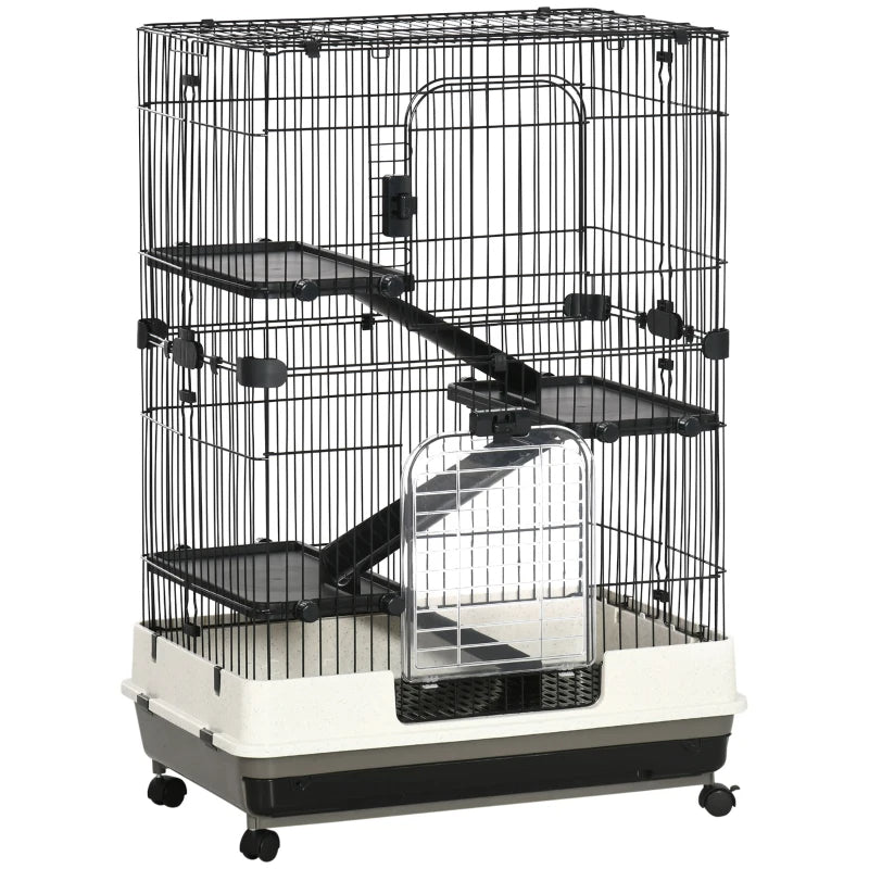 Small Animal Cage with Lockable Wheels, Slide-Out Tray for Rabbits, Chinchillas, Ferrets - Black