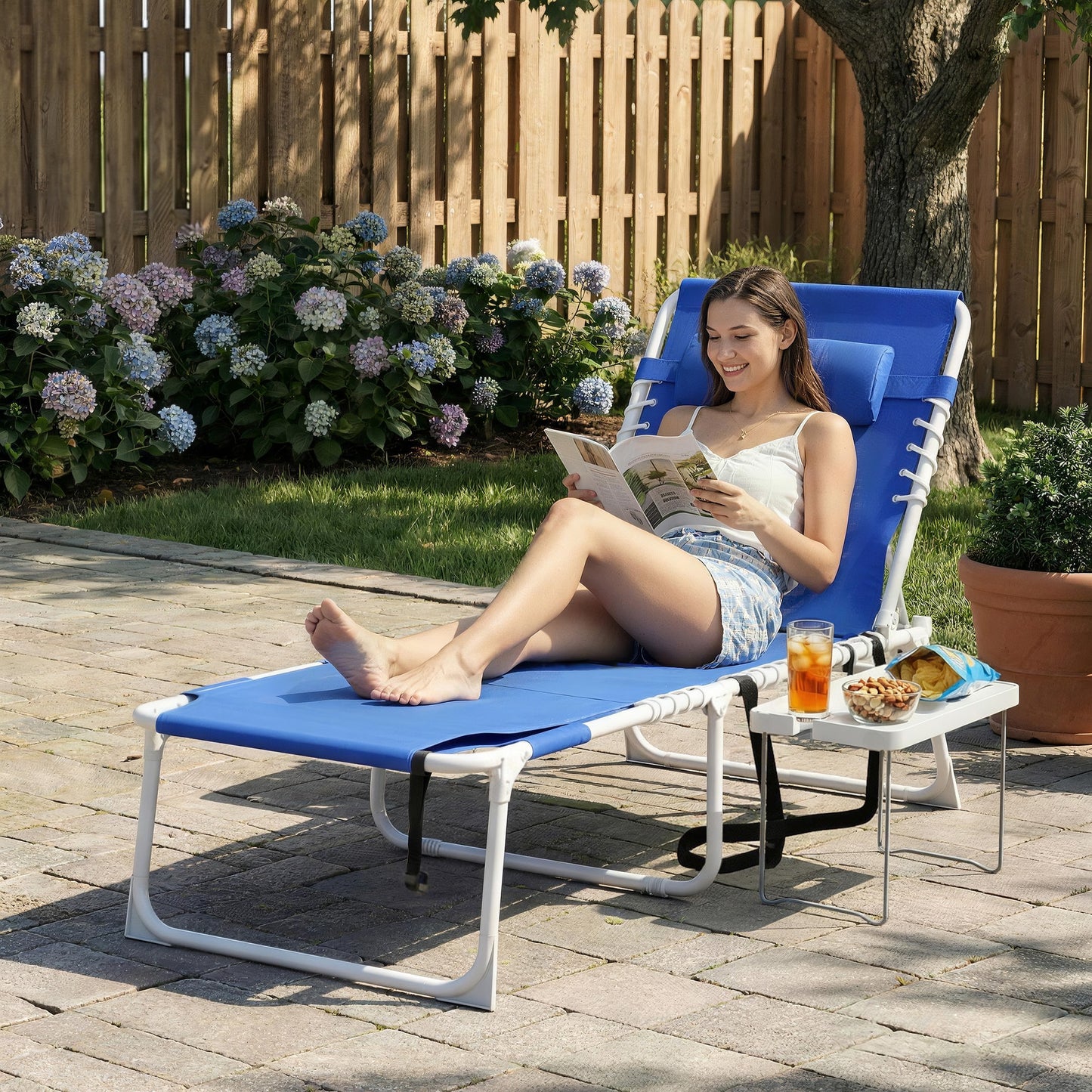 Folding Outdoor Lounge Chair with Side Table - Navy Blue