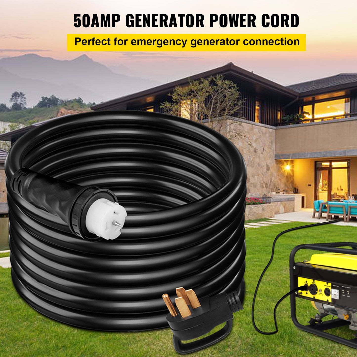 30Ft 50Amp Generator Power Cord STW Heavy Duty 6/3 + 8/1 Twist Lock Black