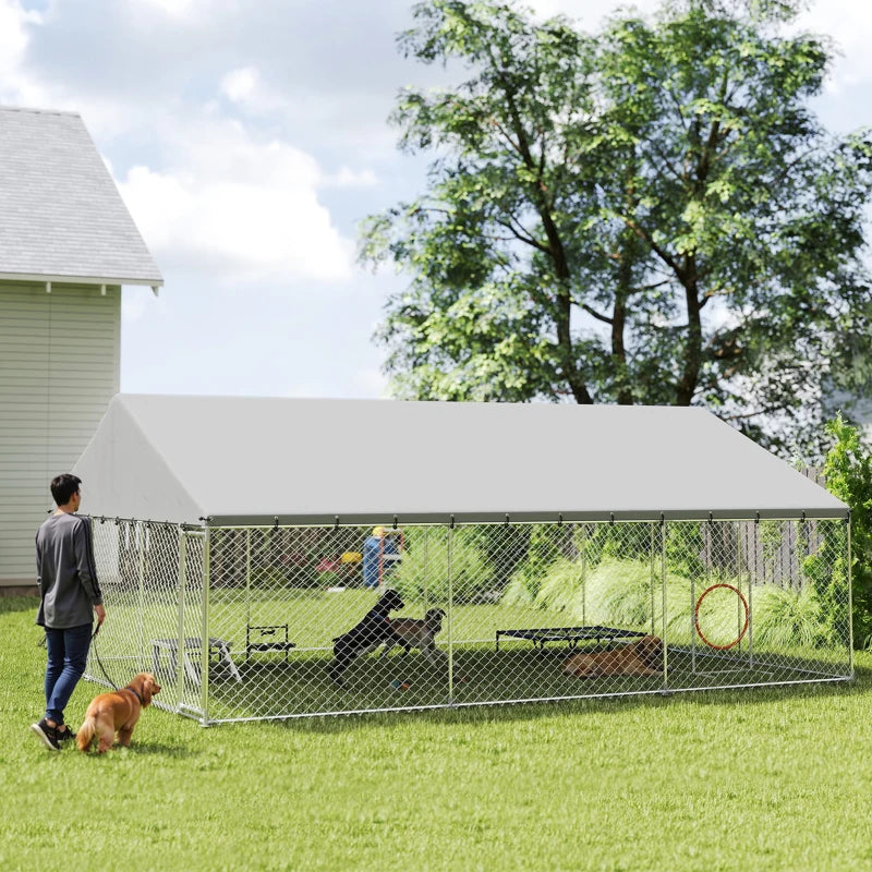 Heavy Duty Outdoor Dog Kennel with Waterproof Roof & Secure Latches - 20x15x8 ft, Silver