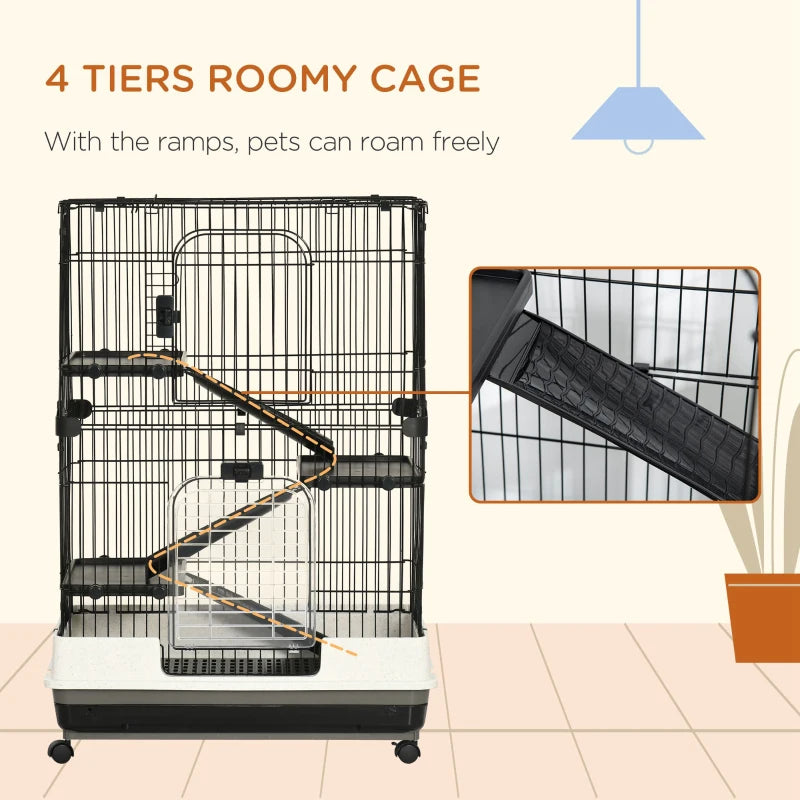 Small Animal Cage with Lockable Wheels, Slide-Out Tray for Rabbits, Chinchillas, Ferrets - Black